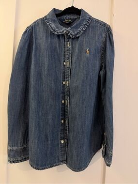 Polo by Ralph Lauren Girls' Ruffle-Collar Denim Button-Down Shirt - Blue